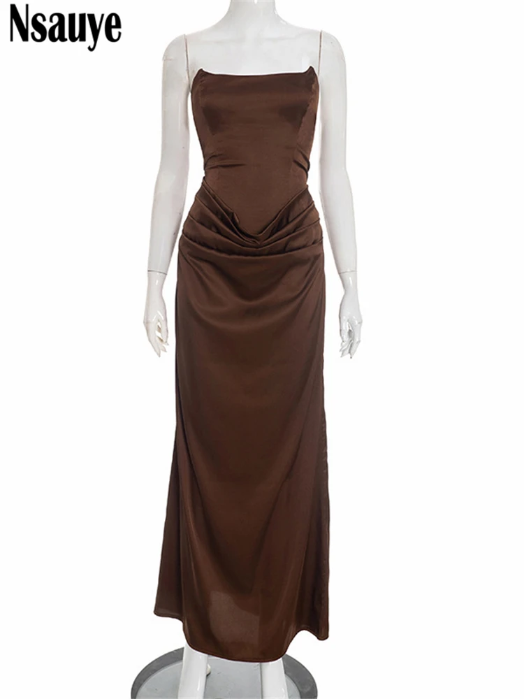 Nsauye Women Elegant Evening Party Satin Long New Fashion Bodycon Maxi Dress Tube Strapless Sexy Night Club Corset Dress 2026