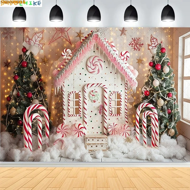 Christmas Day Bell Wreath Golden Child Photography Backdrop Props Family Portrait Gingerbread House New Year Background CT02