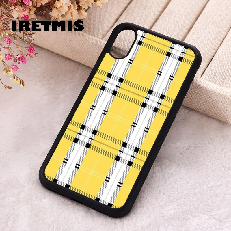 Iretmis Phone Cover Case For iPhone X XS Max XR 11 12 13 PRO MINI 14 15 16 Plus Rubber Silicone Mustard Yellow Plaid