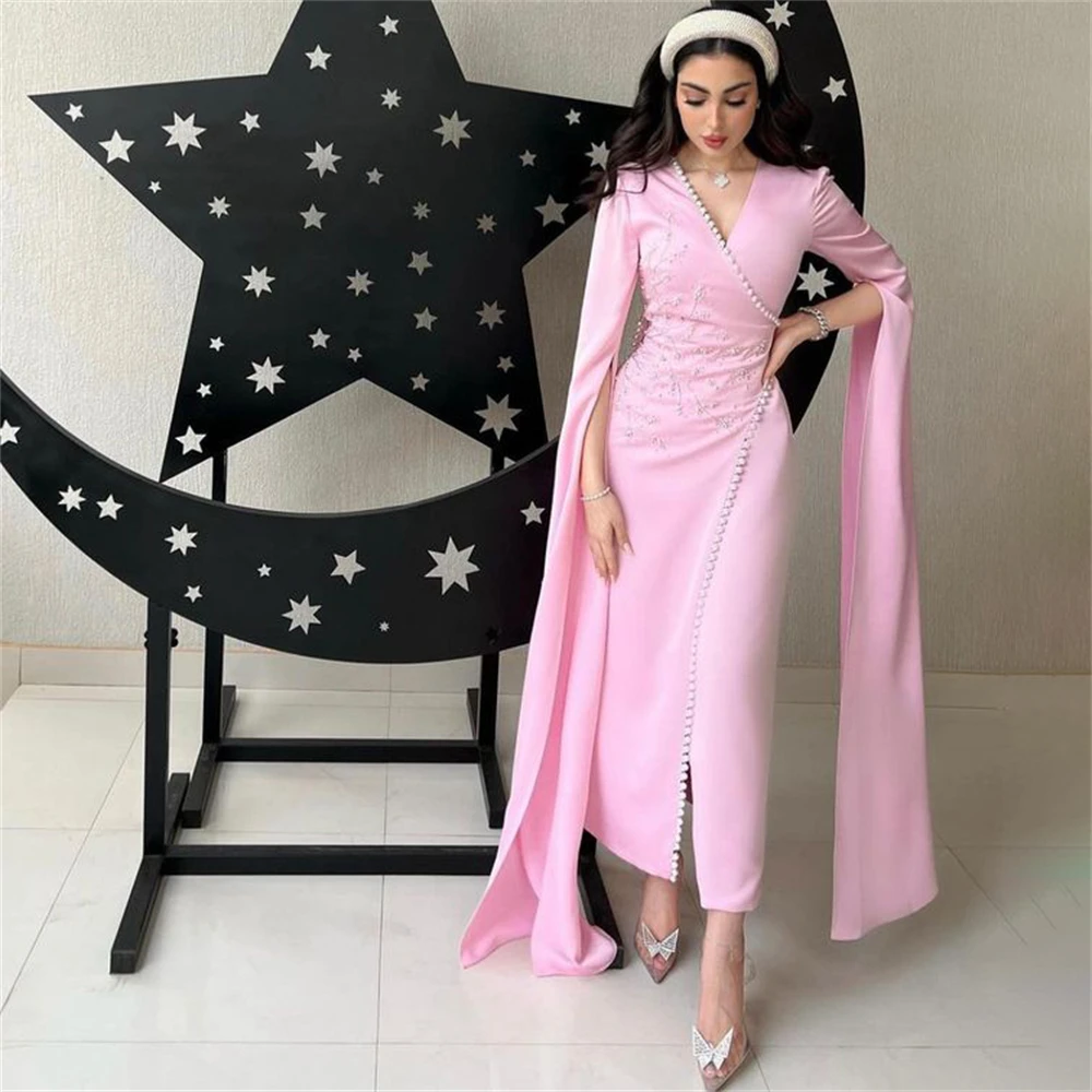 

Tarot V-Neck Satin Beading Prom Dresses Sheath Split Saudi Long Sleeves Birthday Party Dress 2024 Ankle Length robes de soirée