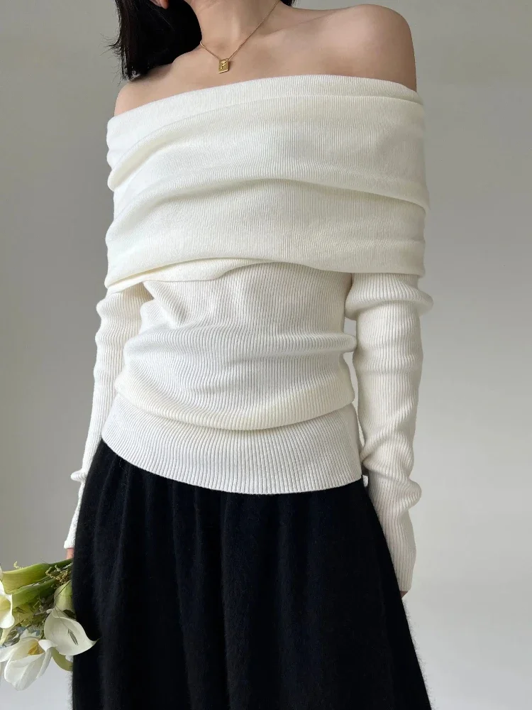 

2025 Soft Chic Pullovers Autumn Winter Off Shoulder Women Sweaters Elegant Vintage Knitted Solid Jumper High Stretch Top