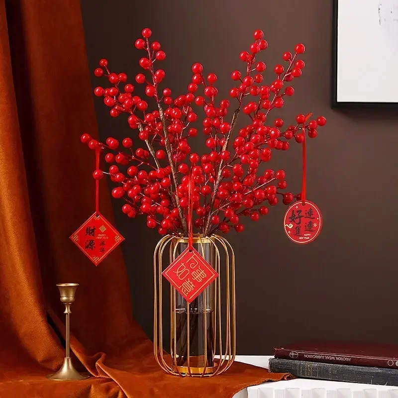 

Chinese Metal Frame Glass Vase Red Fortune Fruit New Year Gifts Home Livingroom Ornaments Crafts Cafe Office Furnishing Decor