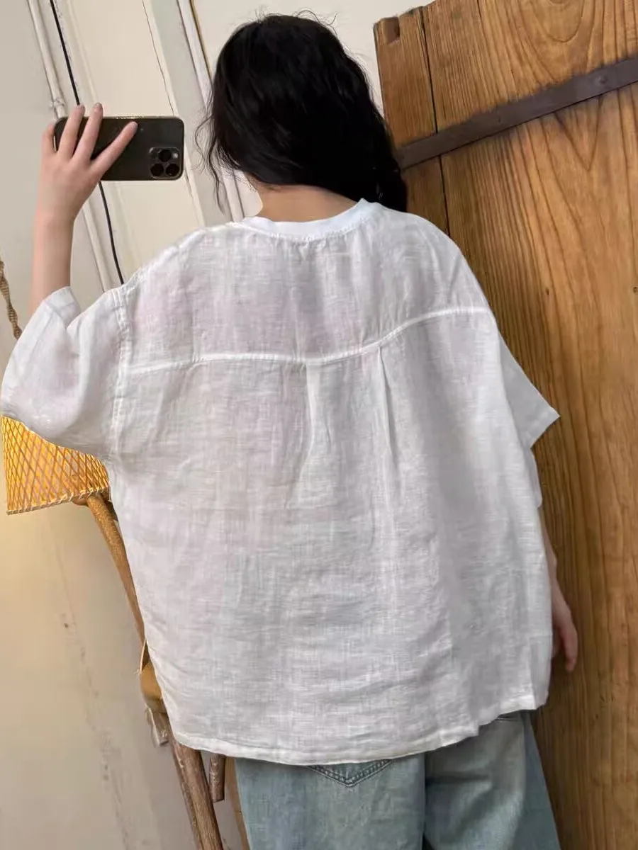 루즈 캐주얼 오버사이즈 라운드 넥 자수 리넨 원피스 한국 스타일 얇은 소재 여름 신상 여성용...