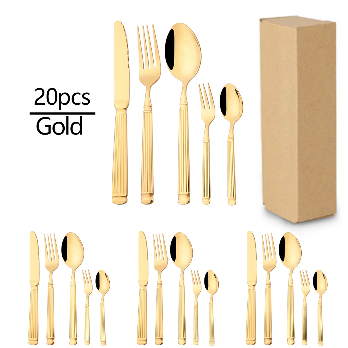 20Pcs Gold Cutlery Set Stainless Steel Flatware Knife Fork Spoon Dinnerware Set Cake Fork Tea Spoon Tableware Kitchen Silverware