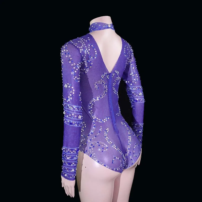 Leotardo brillante con diamantes de imitación para mujer, traje de baile Sexy, traje de noche para fiesta de cumpleaños, ropa de escenario para cantante y bailarina