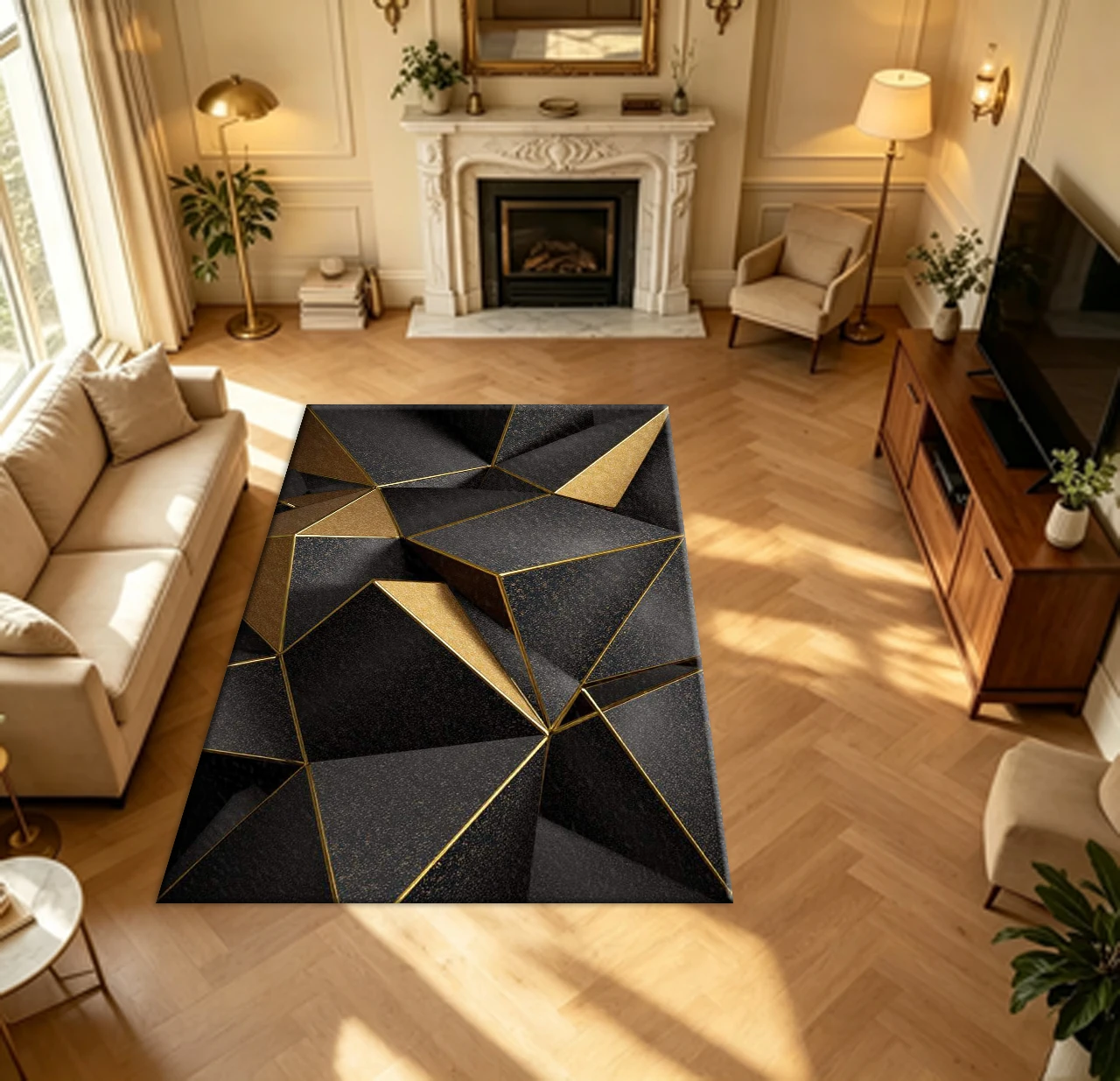 Modern 3D Black Gold Geometric Polygon Carpet Flooring Metallic Line Abstract Household Indoor Decor Large Area Rug