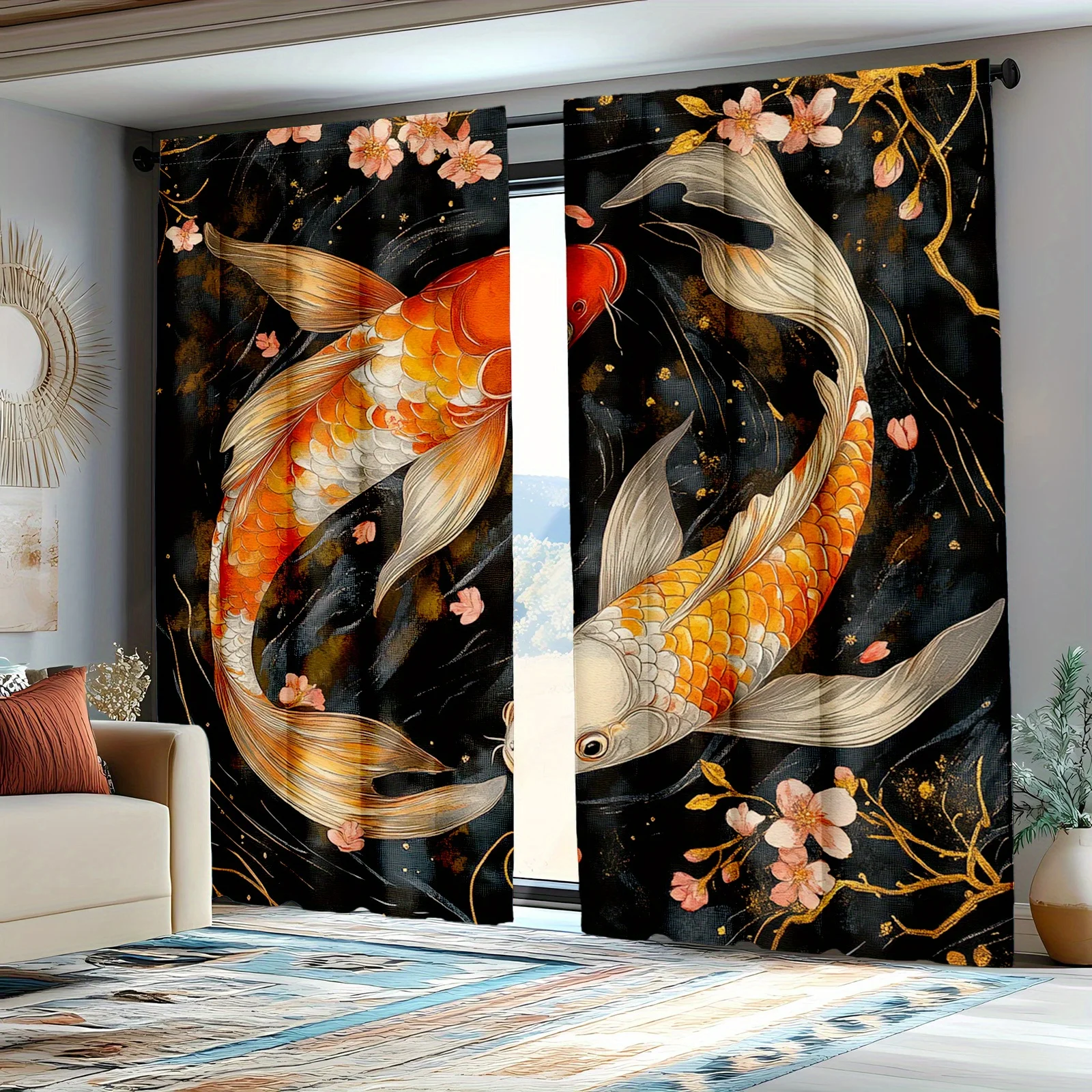 2pcs Decorative CurtainsKoi Fish and Cherry Blossom Curtains for Boys & Girls, Japanese Style Window Drapes