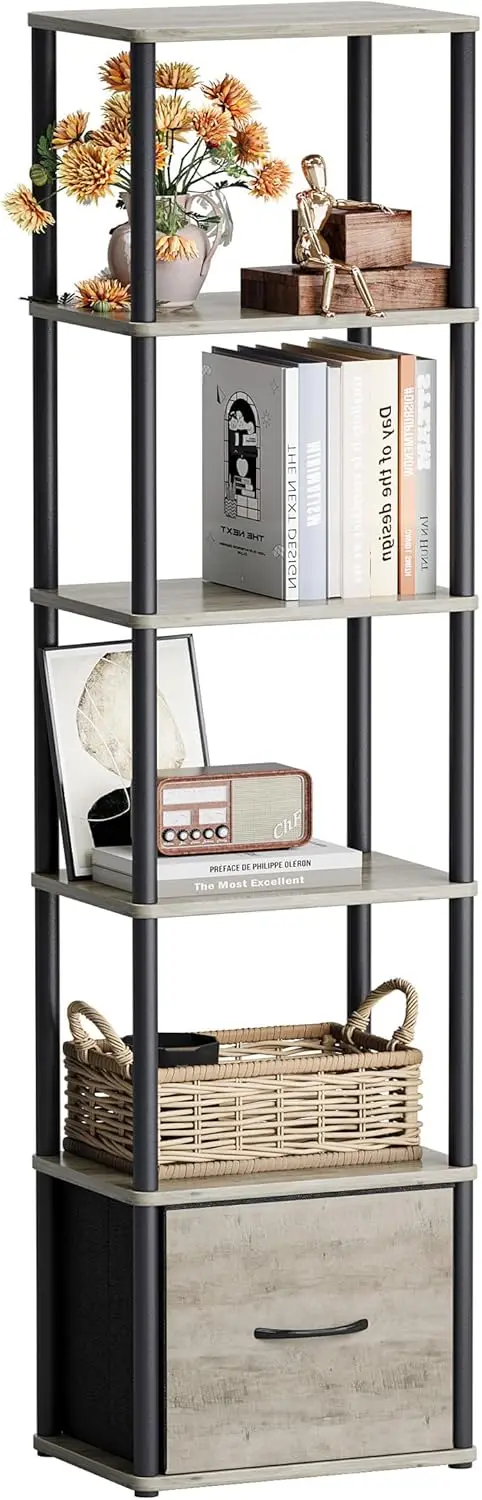 

6-Tier Bookshelf with Drawer, Narrow Bookshelves Organizer, Floor Standing Ladder Shelf,Tall Bookcase for Small Space, B