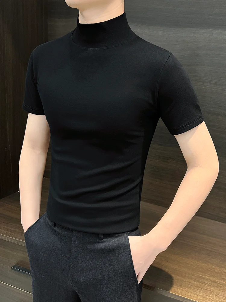 

High-End Bla Men's Base irt f-High Collar ort Sve Autumn New Suit Inner Wear Mid-Ne f Sve T-irt