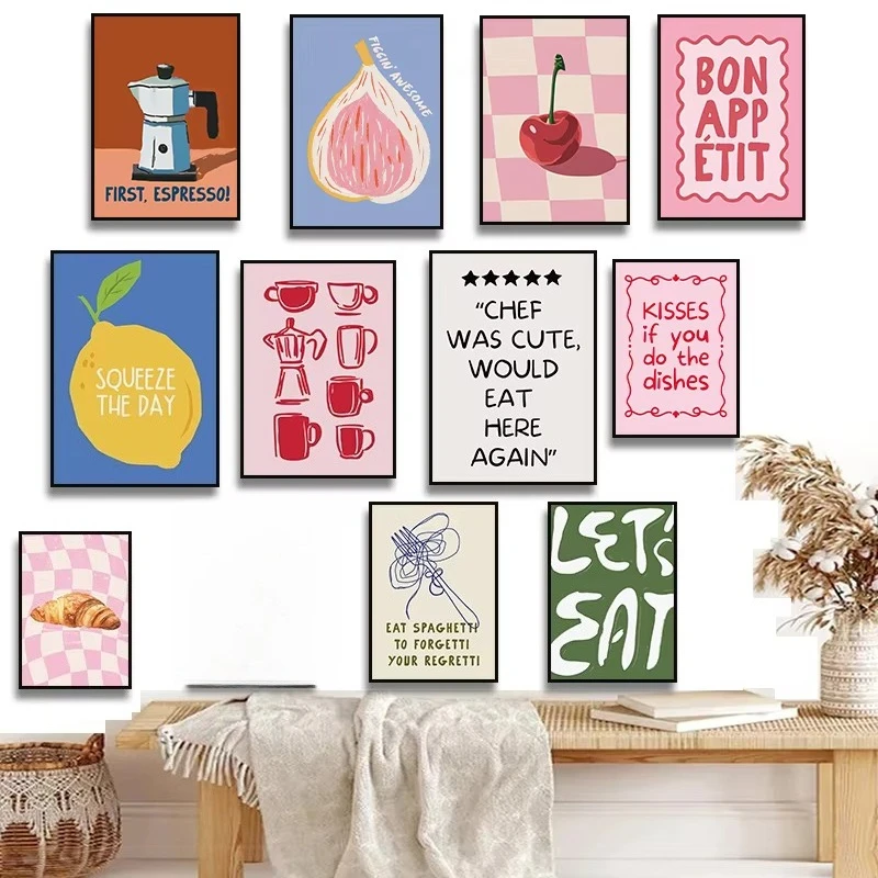 1PC Frameless Pasta Croissant Trendy Coffee Let's Eat Pink Cherry Lemon Fig Quote Poster Canvas Painting Wall for Kitchen Dec
