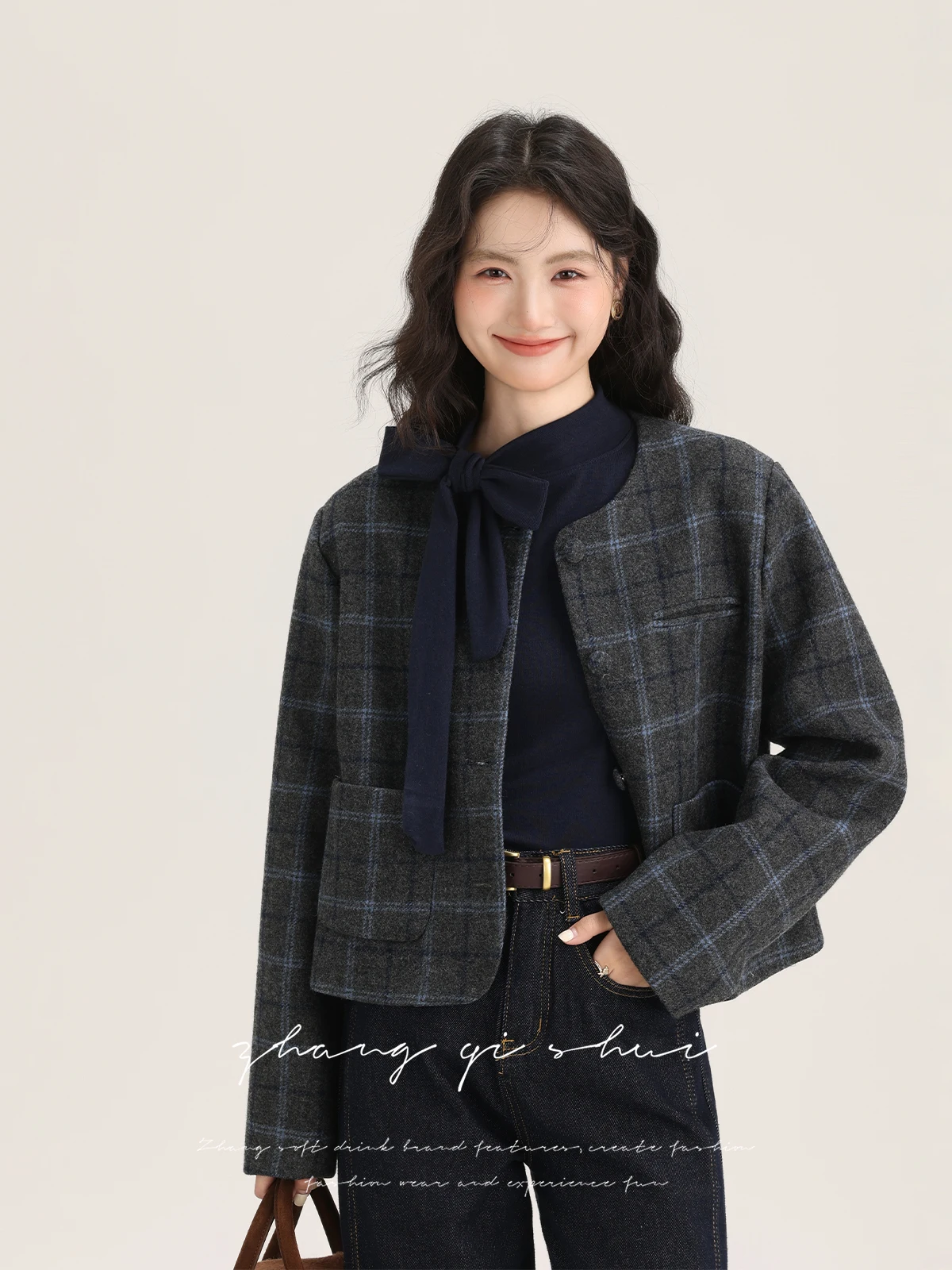 

Slim Fit Plaid Woolen Coat Women's Base irt Top Korean Sle round Ne Single Button Long Sve Regular Length Outerwear