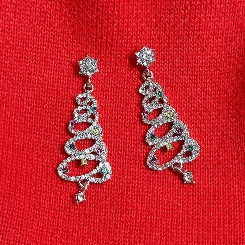 Huitan Ästhetische Bunte Kubische Zirkonia Weihnachtsbaum-Ohrhänger für Frauen, Hohles Kreuz, Party, Festival, Eleganter Schmuck – Detail 5