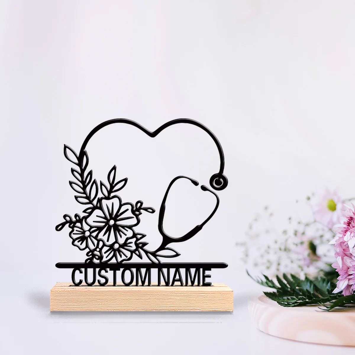 1pc love Stethoscope Personalized Text Metal Statue Handicraft With Wood Base Iron Statue With Wood Base For Children Gifts