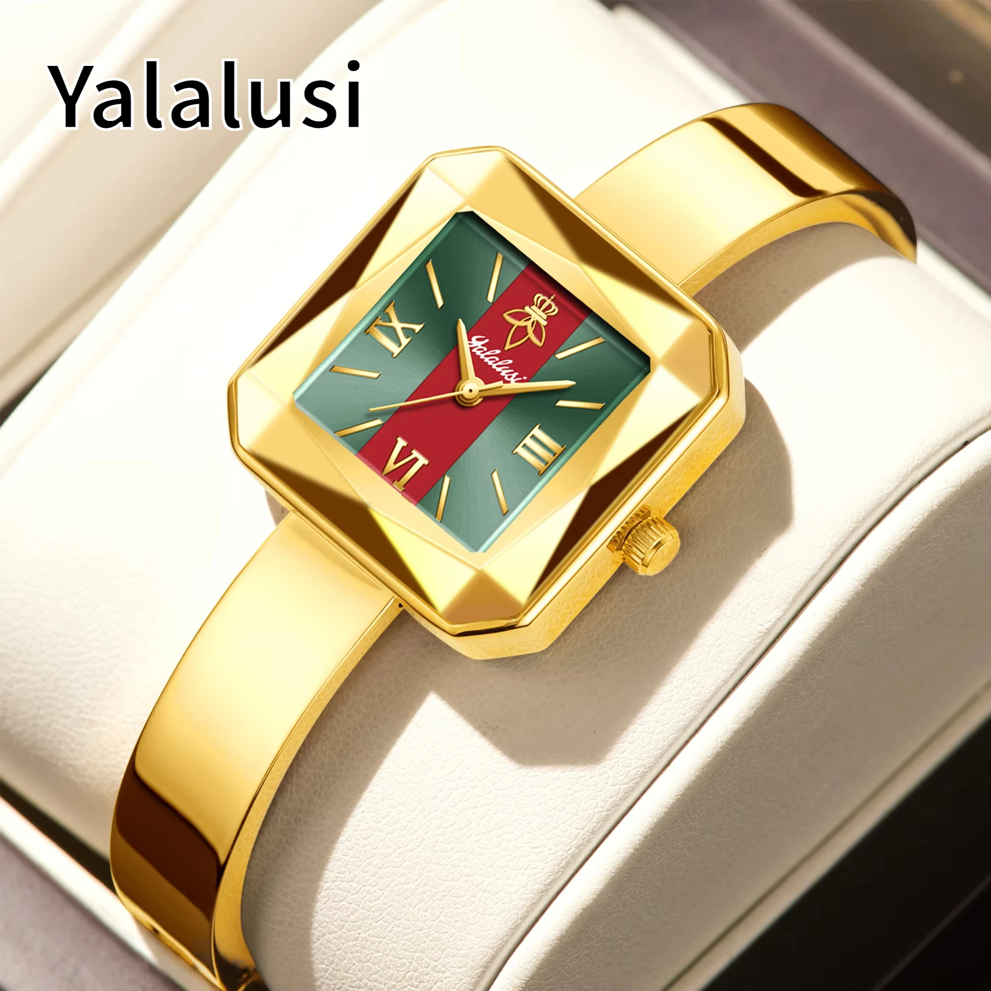 Yalalusi 2026 NEW Elegant Ladies WristwatchWomen Quartz Watch Oval Dial Inlaid Rhinestone Textured Wide Metal Bangle Bracelet