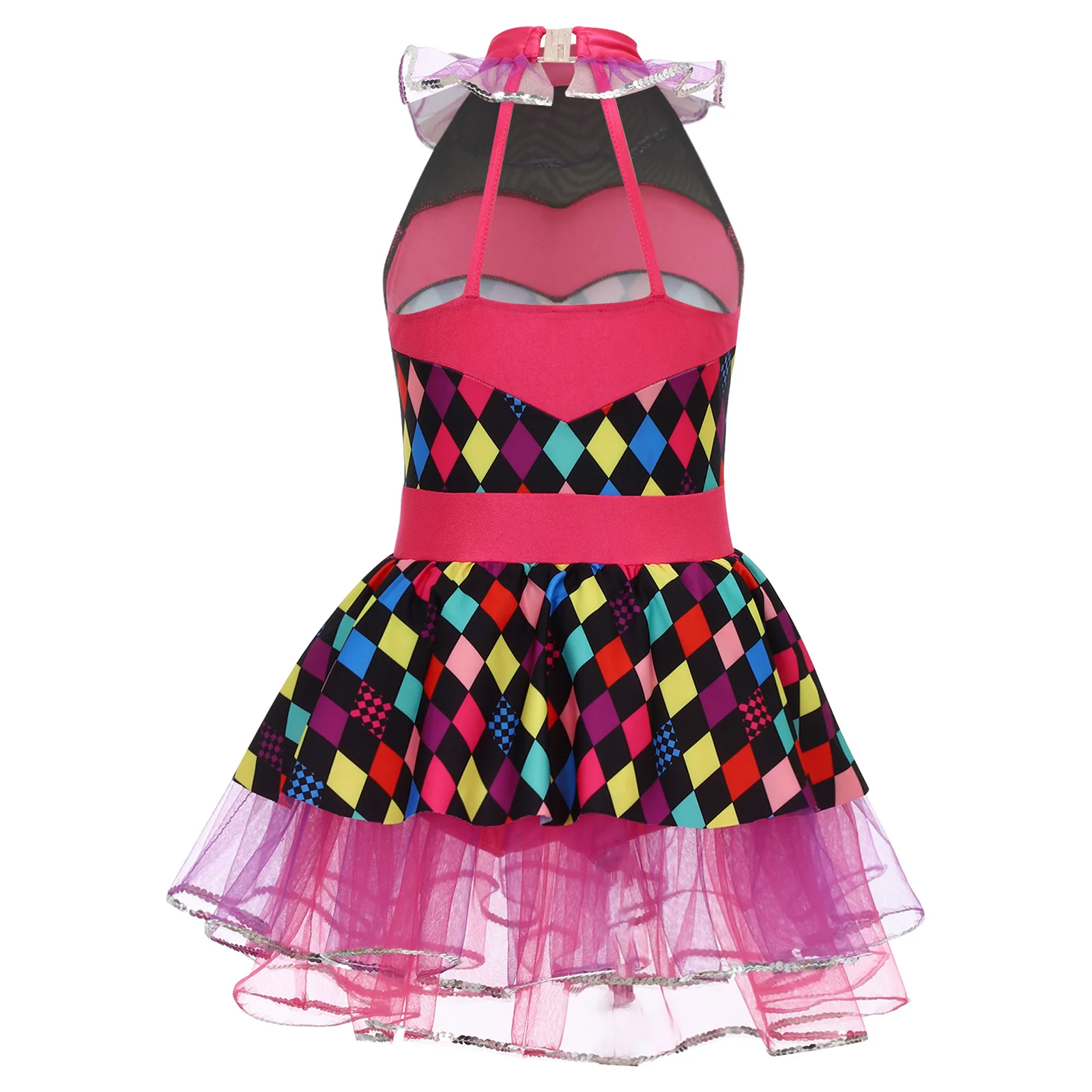 Kids Girls Circus Clown Cosplay Costume Grid Halter Sleeveless Mesh Skirt Tutu Dance Leotard Dress for Halloween Themed Party