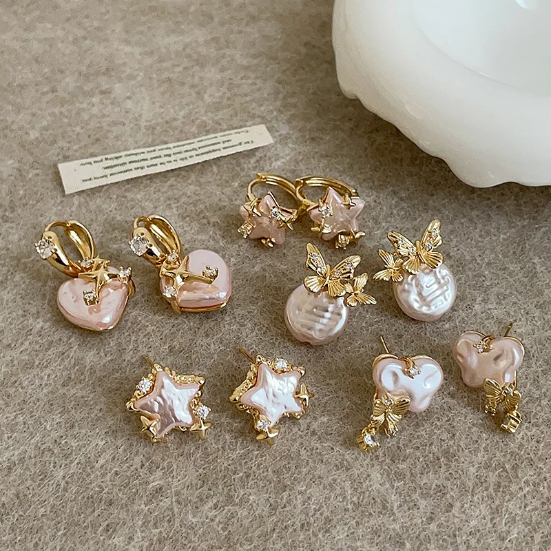 

Minar Sweet Cool Multiple Imitation Pearl Pink Star Heart Butterfly Round CZ Cubic Zircon Drop Earrings for Women Party Jewelry
