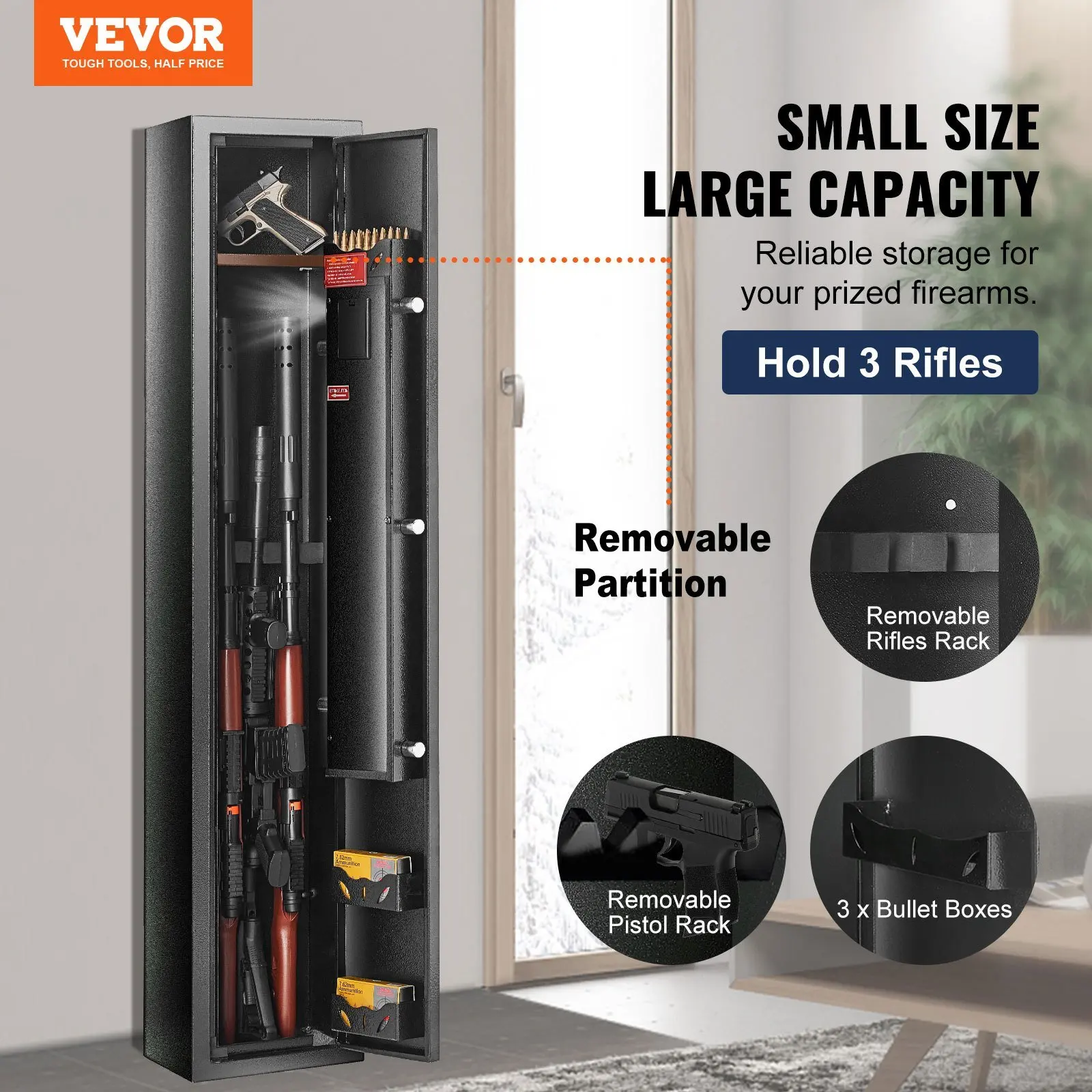 3 Gun Safe, Gun Security Cabinet with Lock & Digital Keypad, Quick Access Gun Storage Cabinet with Removable Shelf, Pistol