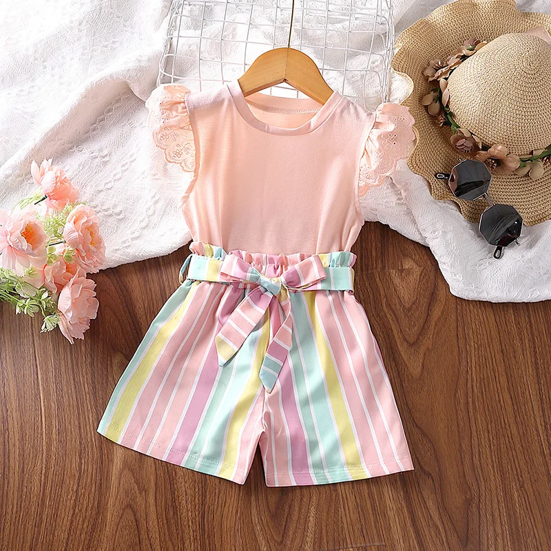 

Little Girl Pink Flying Sleeve Top & Colorful Striped Shorts Vacation Party Dress Daily Casual Clothing Korean Style Sets