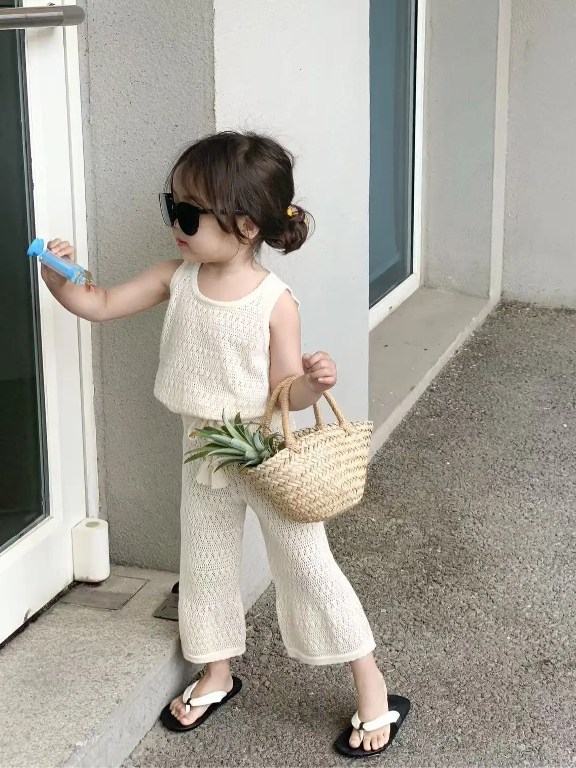 

Girl's Clothing Sets 2025 Summer Korean Thin Knitted Girl Set Children Hollow Breathable Vest + Wide Leg Pants Two-piece Suit