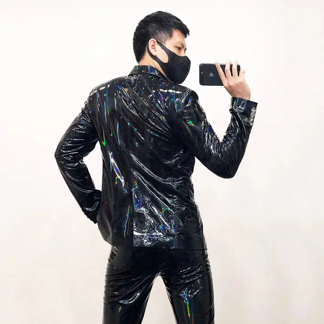 Bar Male Singer Black Shiny PU Leather Blazer Coat One Button Slim Soft Paint Leather Jacket Stage Performance Costume Plus Size