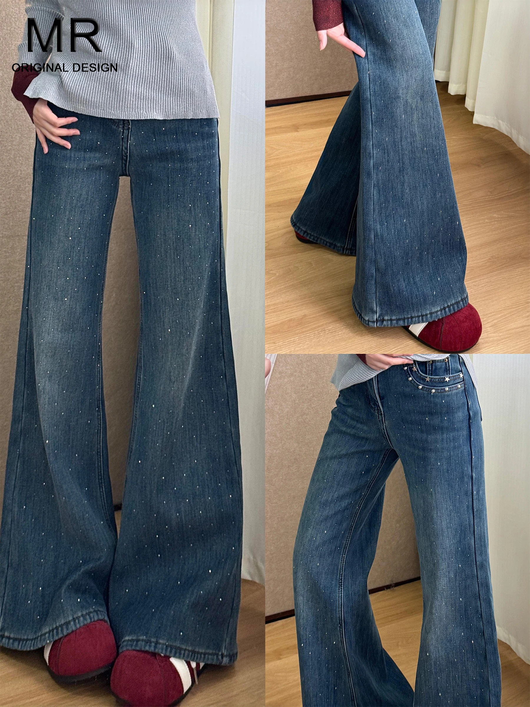 

Retro High Waist Bell Bottom Denim Jeans Women's Summer Loose Fit Stretchy Long Pants American Style Embellished with Rhinest...