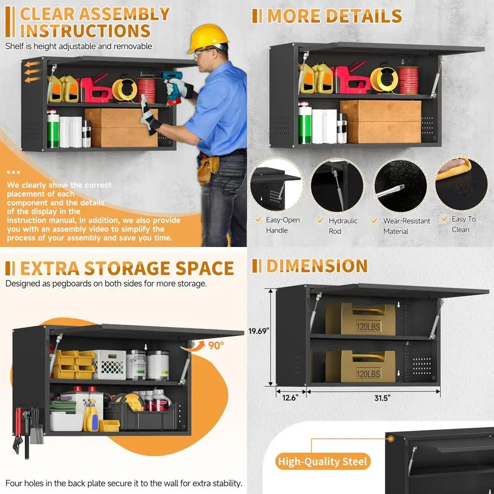

Black Metal Wall Cabinet with Up-lip Door, Adjustable Shelf, and Pegboard for Garage, Workshop, or Kitchen Storage (19.7 H)