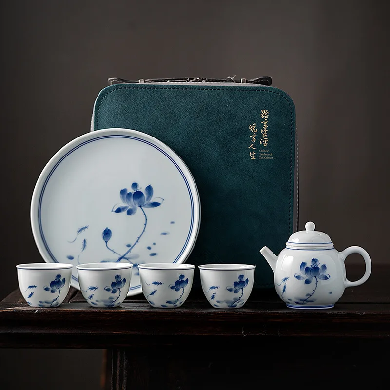 

Hand-painted Blue and White Kung Fu High-end Light Luxury Ceramic Tray Portable Storage Travel Tea Set