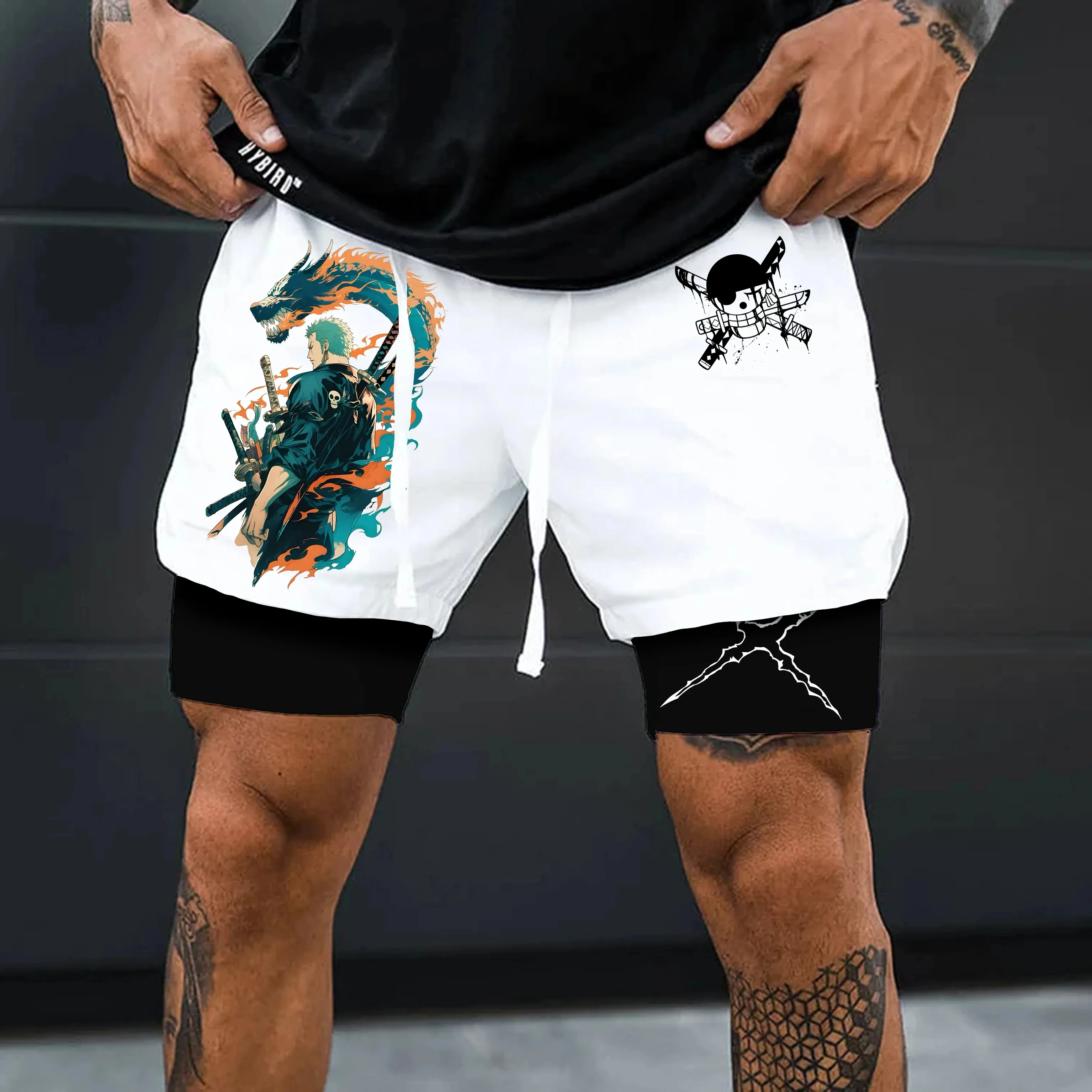 Uma peça periférica impressa shorts de dupla camada sauron luffy 2025 rua americana verão masculino solto esportes calças respiráveis