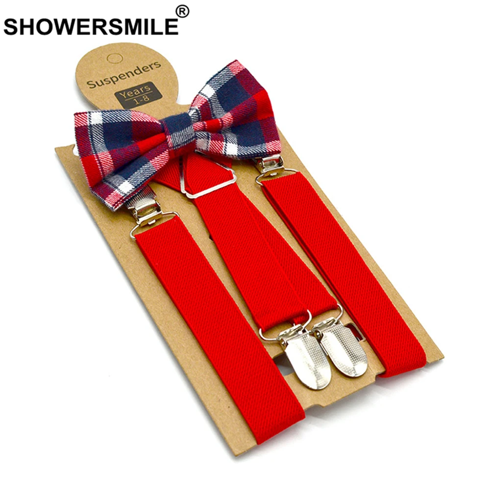 Showersmile azul crianças suspensórios com gravata borboleta de couro crianças cintas estilo britânico casamento vermelho cinza sólido meninos suspensórios 65cm