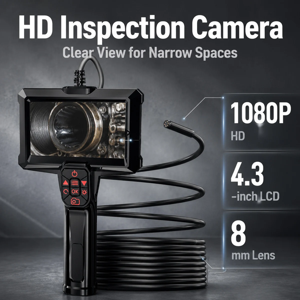 Car Engine Cylinder Borescope Camera 4.3" 1080P HD Handheld Industrial Endoscope for Snake Pipe Drain Inspection Adjustable LEDs