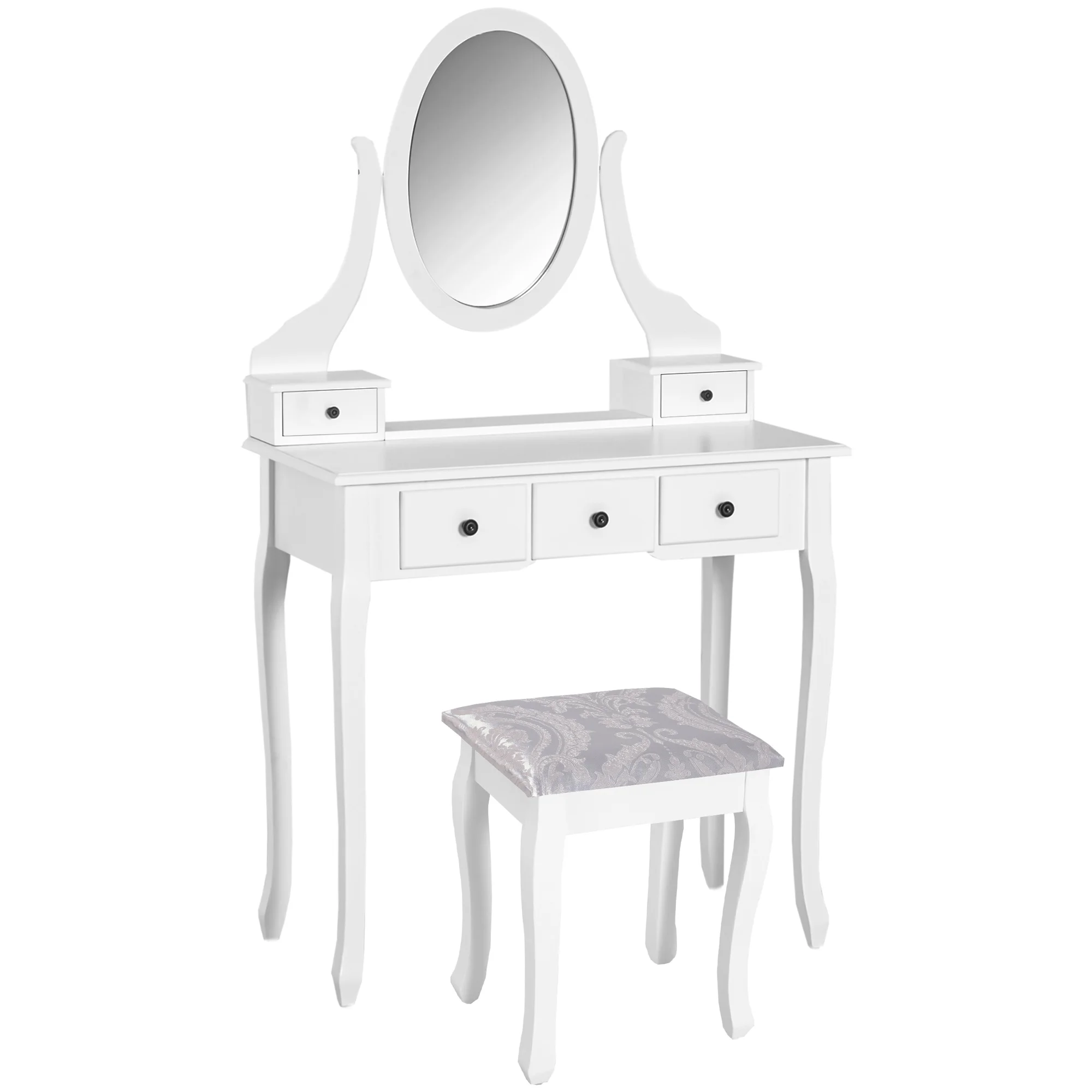 HOMCOM-Tocador + Taburete y Espejo, Mesa de Maquillaje, 5 Cajones, Blanco y Negro