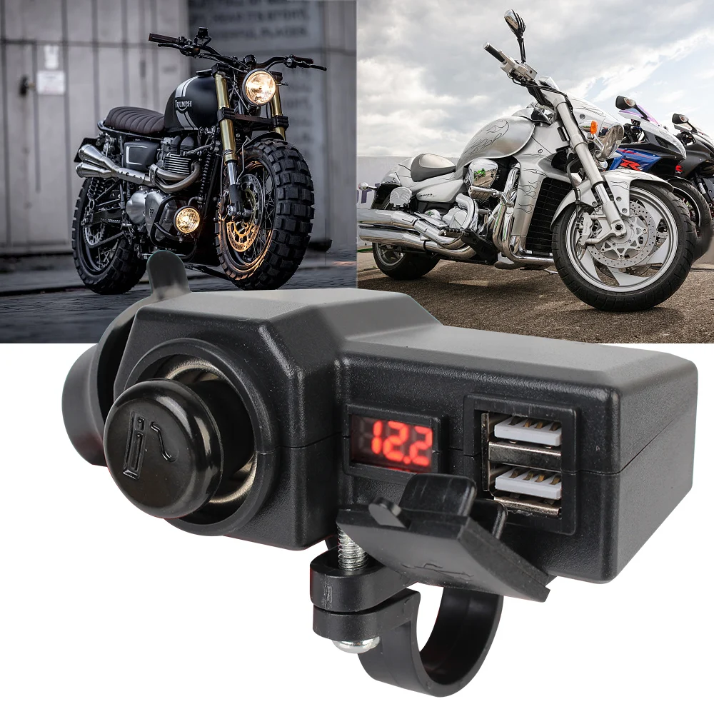 10-24V Motorcycle Charger ON/OFF Switch Dual USB Socket with Cigarette Lighter Digital Voltage Meter 3.4 A Quick Charge 3.0