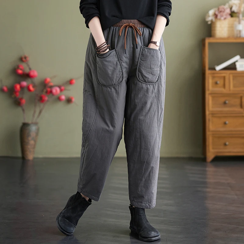 

2022 New Arrival Winter Arts Style Women Warmth Thicken Ankle-length Pants Casual Loose Elastic Waist Harem Pants V915