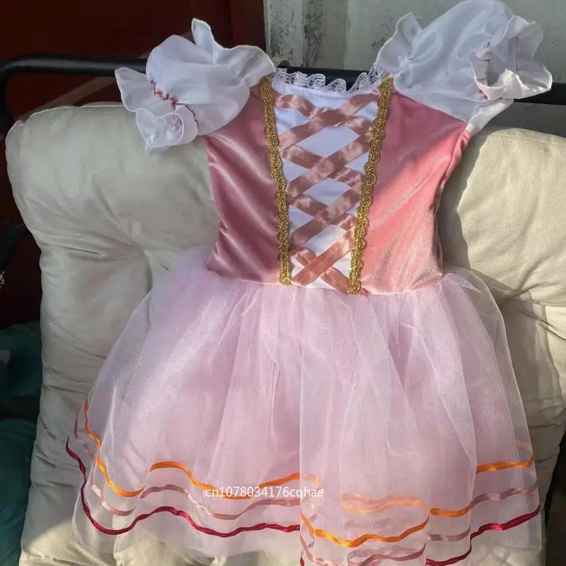 

Romantic Tutu Giselle Ballet Costumes Girls Child Velet Tulle Skating Dress Ballerina Bubble Short Sleeve Lace-up Summer Dress