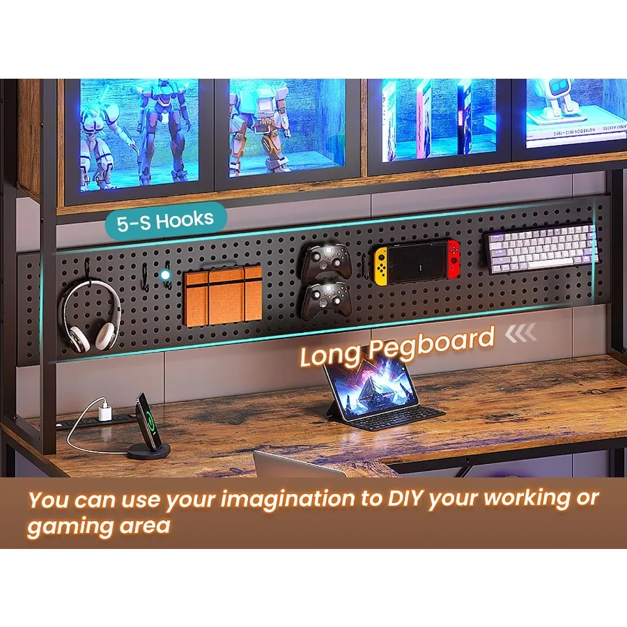 مكتب ألعاب على شكل حرف L مع أدراج وأرفف تخزين لمكتب الكمبيوتر الزاوية للمكتب المنزلي مع لوحة بيجبورد مدمجة L