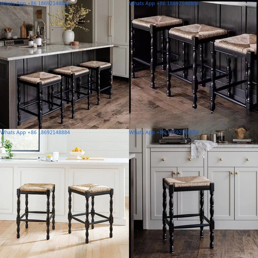 

French style vintage solid wood stool with woven seat for dining room bar chair