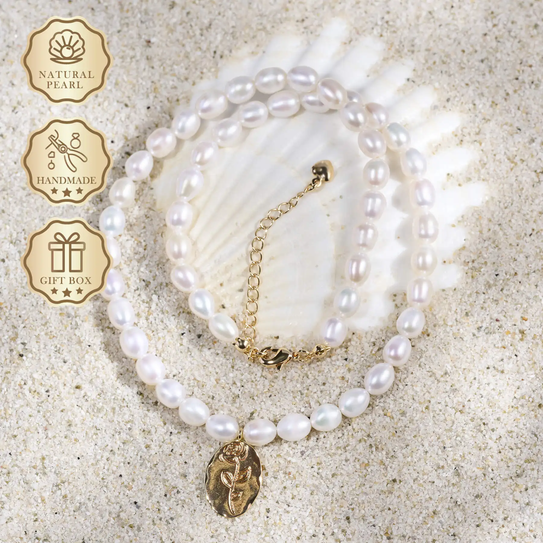 

MYSOYA White Rice Freshwater Pearl Necklace 5–6mm with Gold Rose Pendant & Heart Extender, Gift Box, Birthday & Anniversary Gift