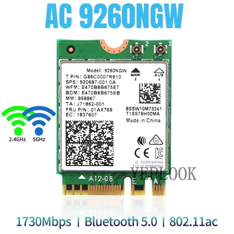 WiFi 5 Wireless-AC9260 9260NGW 1730Mbps 1.73Gbps Network Card Dual Band 2.4G/5GHz NGFF M.2 Bluetooth 5.0 MU-MIMO 2x2 802.11ac/ax