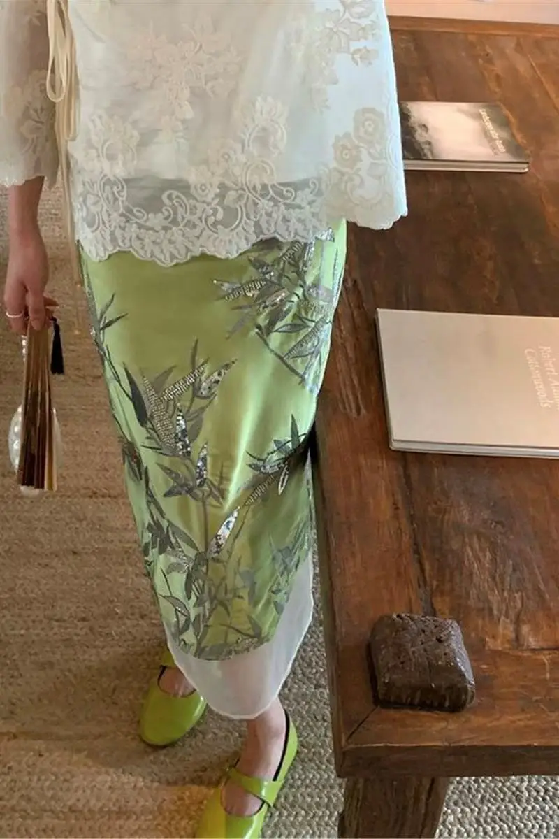 

2024 Summer Green Bamboo Skirt Embroidered Straight Hem Dress Women's Elegant Versatile A-Line Midi Bottom Casual Chic Hot Sale