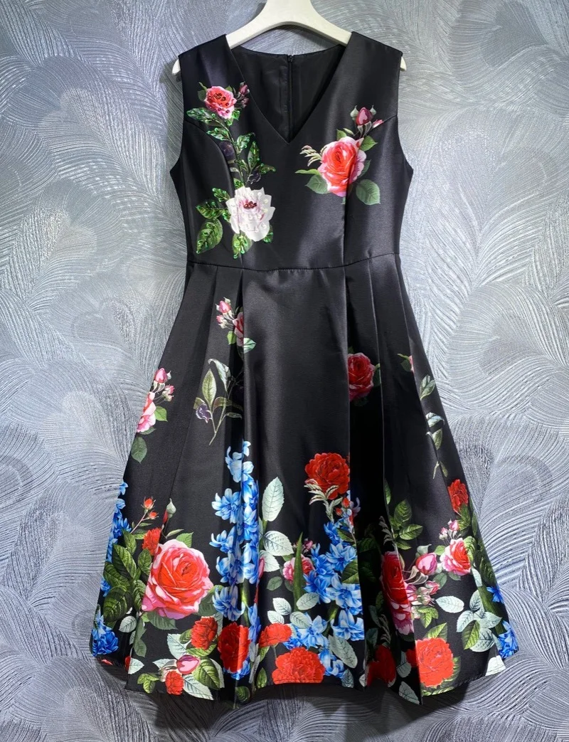 

New 2024 Spring Summer Dress High Quality Women V-Neck Charming Rose Floral Prints Sleeveless Slim Fit & Flare Black Dress Sun