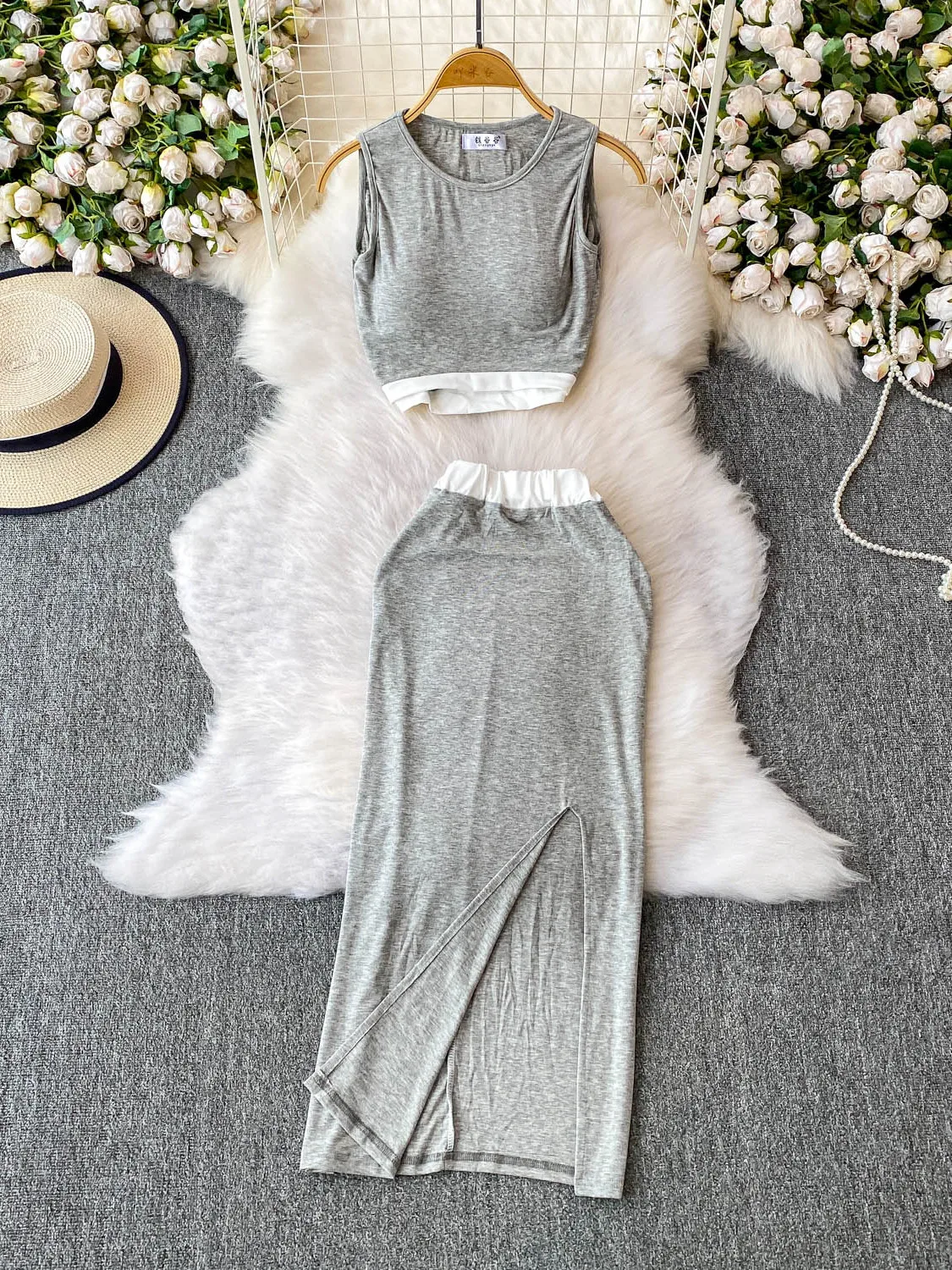 

Сексуальный ort Svel круглый жилет Топ + цвет Blo Высокая талия Утягивающая длинная юбка с разрезом Модный уличный наряд