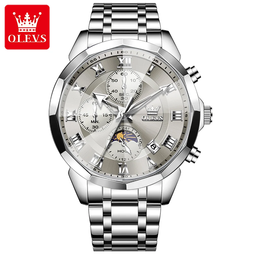 OLEVS 3675 Watch for Men Diamond Business Dress Analog Quartz Stainless Steel Waterproof Luminous Date Casual Wrist Watch Man