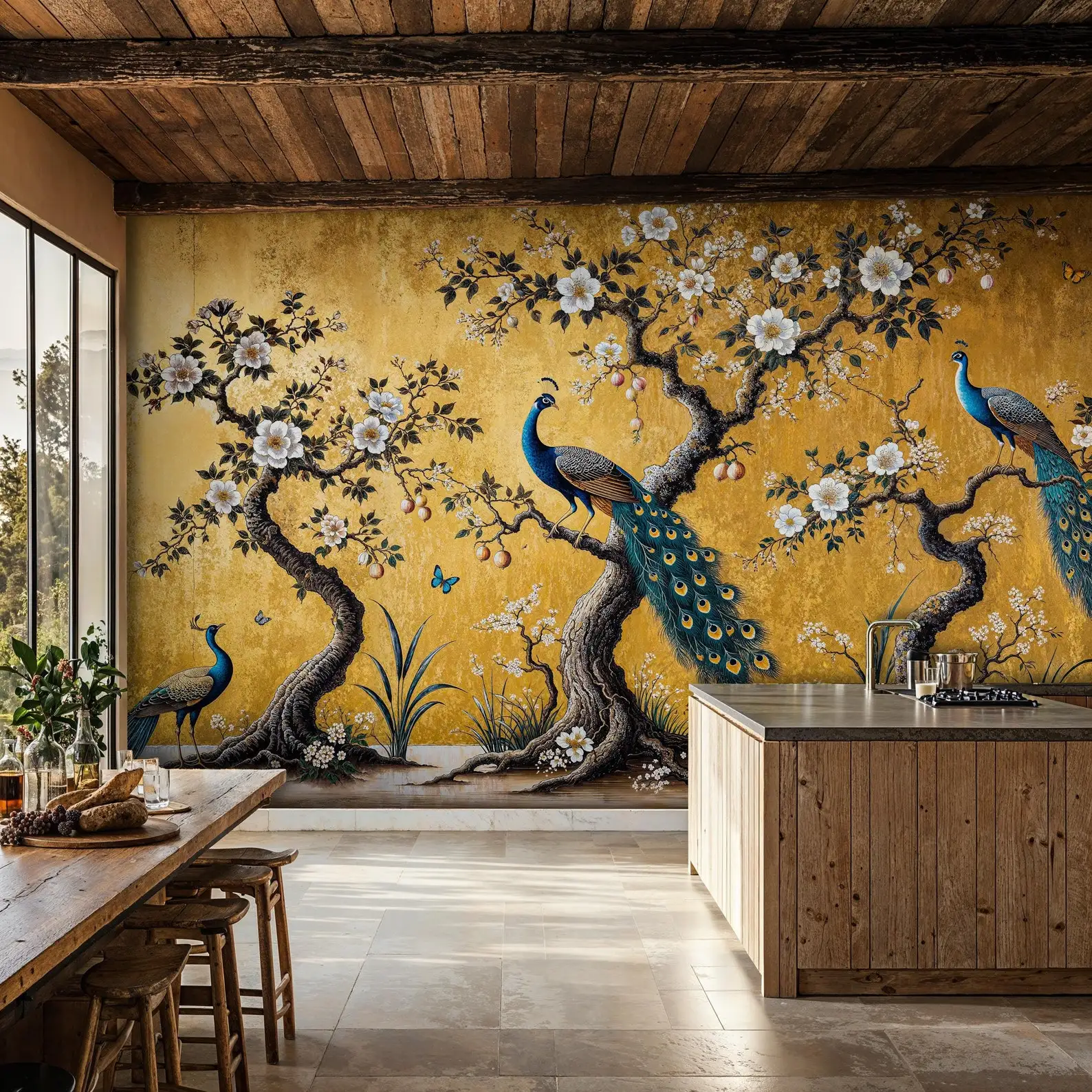 Retro Yellow Forest Mural, Classic Peacock Mural, Home Decoration European Living Room Bedroom Wall Covering 3D Wallpaper