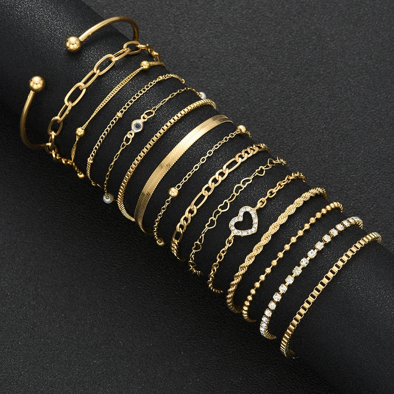 15pcs Elegant Heart Crystal Bracelet Set for Women Vintage Minimalist Multi-Element Twist Chain Bracelet Daily Wear Jewelry Gift