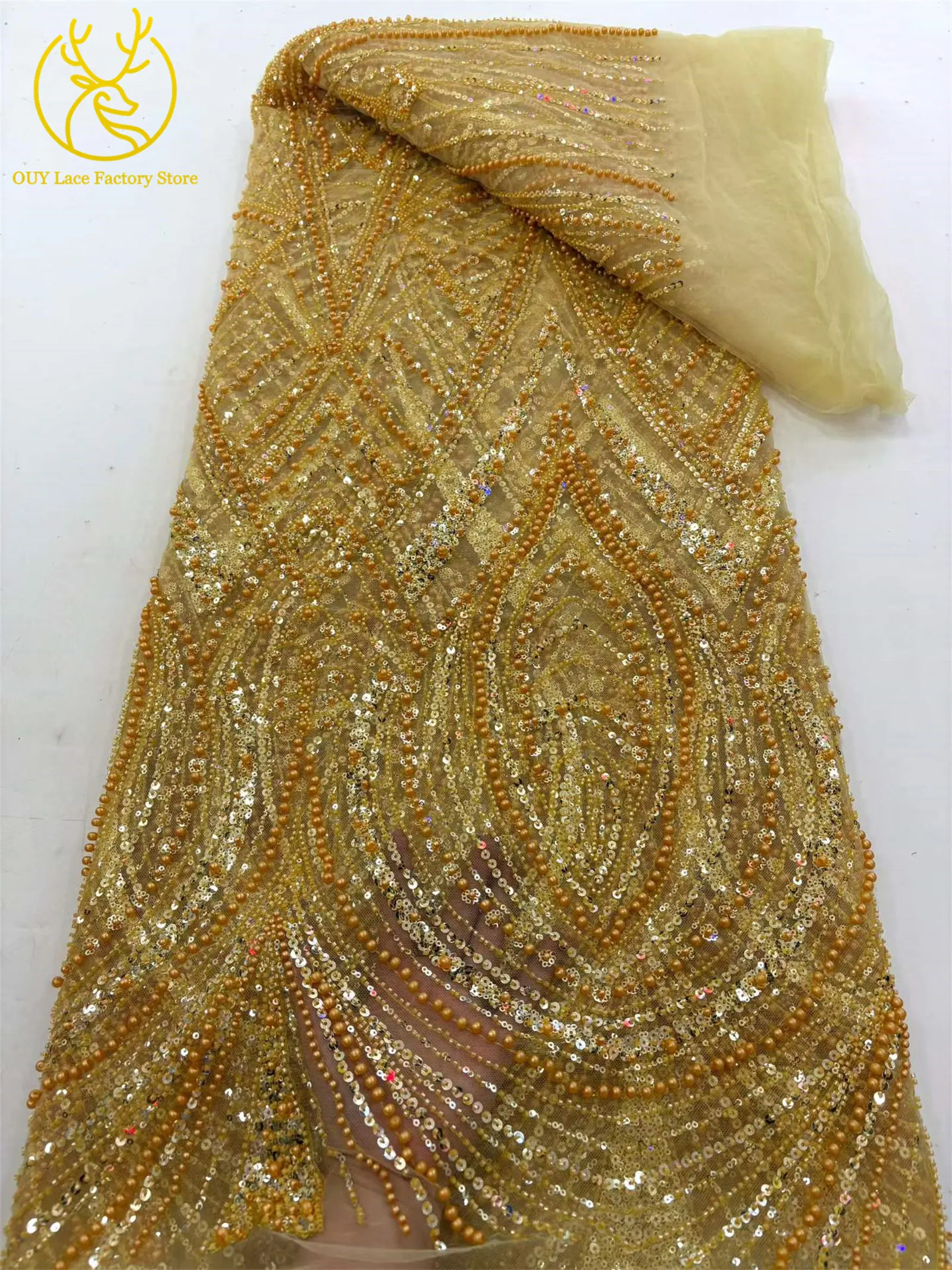 Afrikanischer Perlenstickerei-Spitzenstoff, 5 Yards, hochwertiger, eleganter Pailletten-Spitzenstoff, grün, nigerianisch, für Hochzeits- und Abendkleider – Detail 6