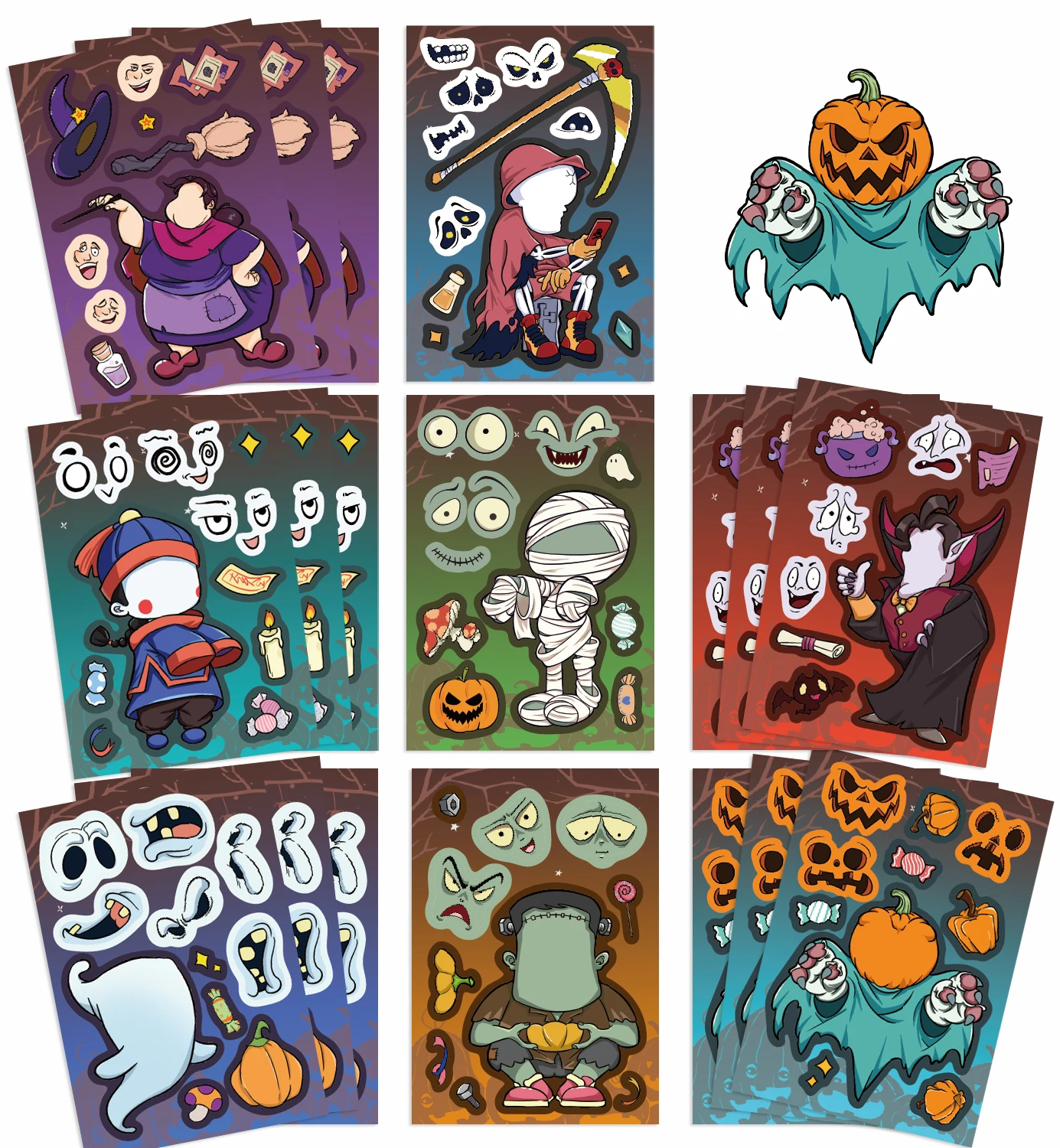 8/16/24 Stück Halloween-Kürbis-Aufkleber-Set, lustige Cartoon-DIY-Aufkleber zum Selbermachen mit Gesichtswechsel für Party und Handwerk, Vinyl-Aufkleber