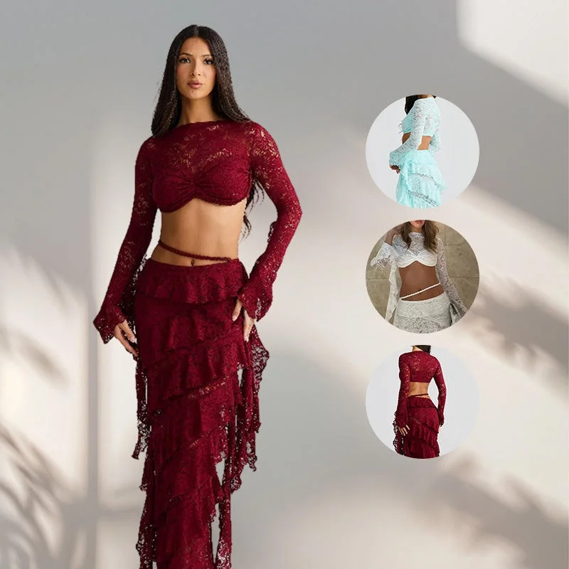 

Модный сексуальный кружевной длинный комплект с асимметричной юбкой Sa, летний женский костюм-двойка со средней талией Bell Sve