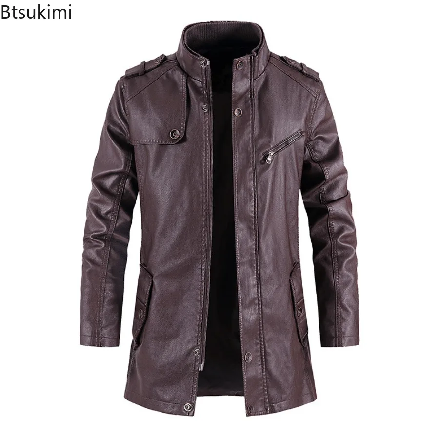 New Winter Long PU Leather Jackets Men Stand Collar Windbreaker Faux Outerwear Motorcycle Casual Warm Leather Coats Man Clothing