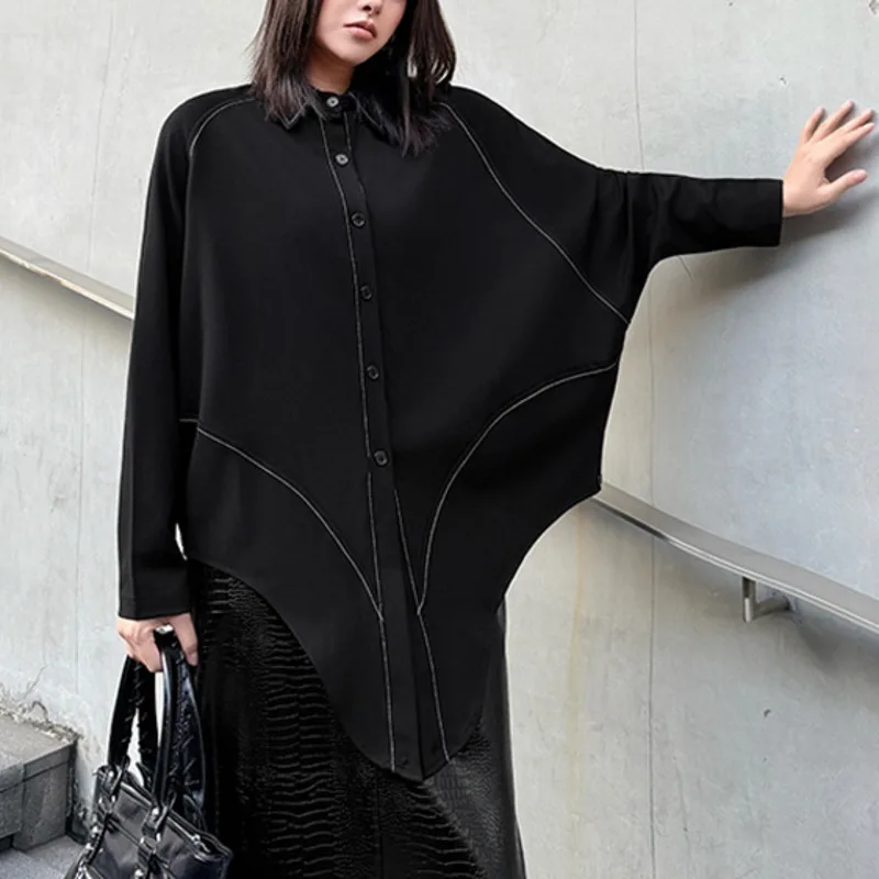 HKSH Spring Autumn New Women Shirt Irregular Hem Turn-down Collar Single Breasted Dark Trend Oversized Blouse Casual Top HK17906