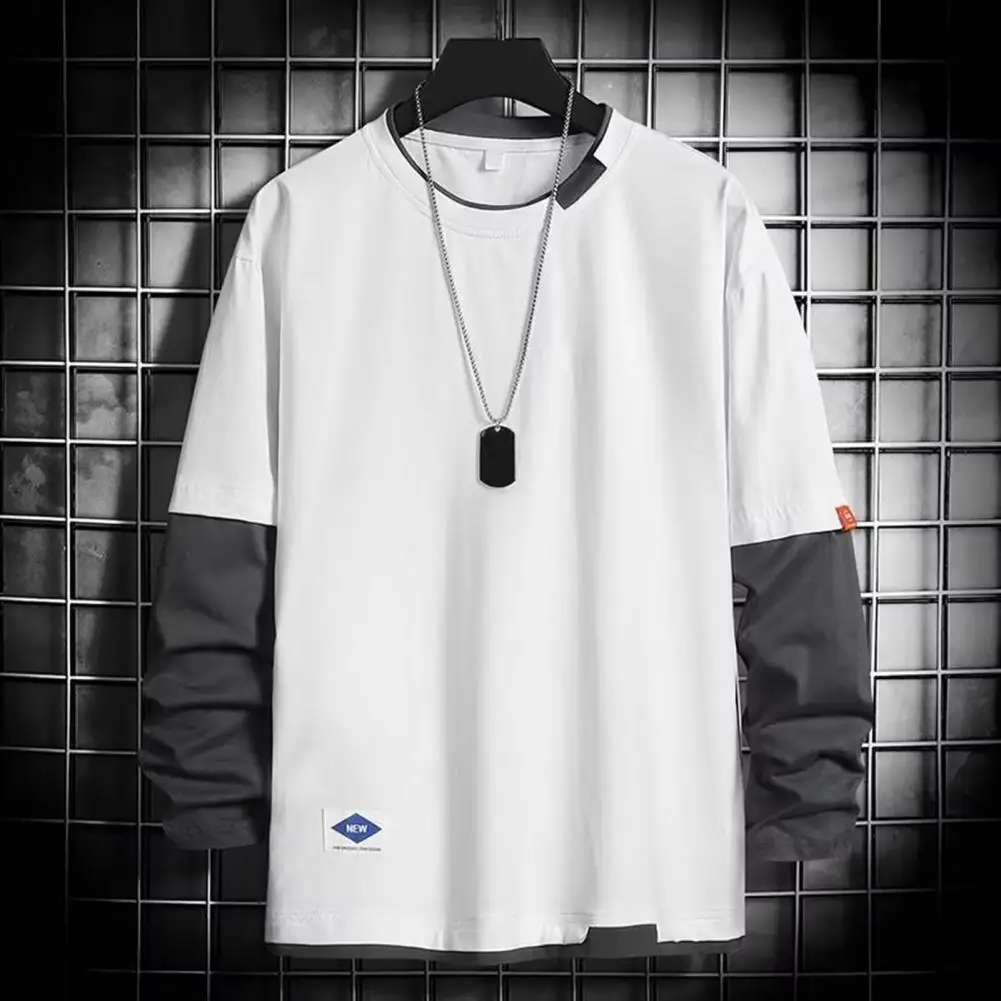 Men Spring T-shirt Fake Two-piece Round Neck Long Sleeves Loose Pullover Keep Warm Contrast Color Friendly to Skin Men Top Men C